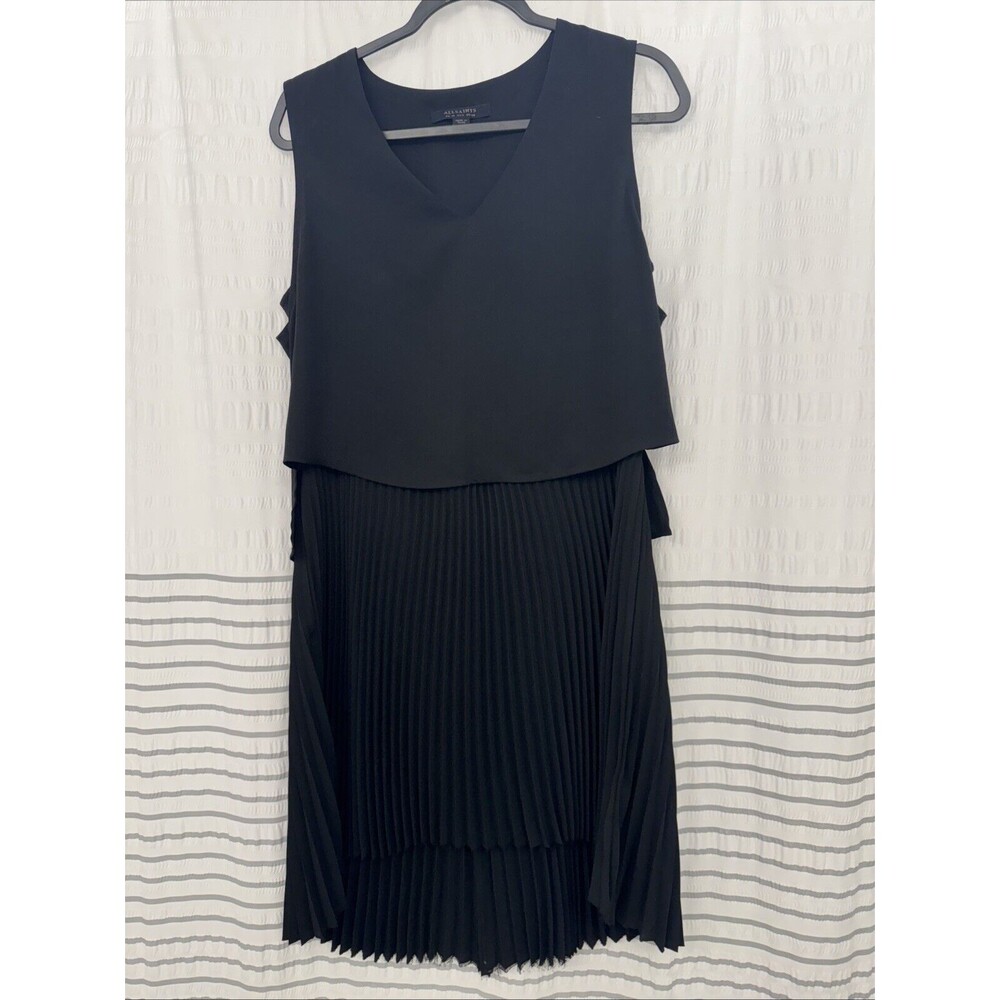 Allsaints Pleated Dress Sz 6 Black Pleated Tiered Overlay Shift‎ Wide Strap